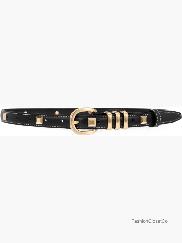 Gold Studded Skinny Belt With Polished Buckle - Faux Leather